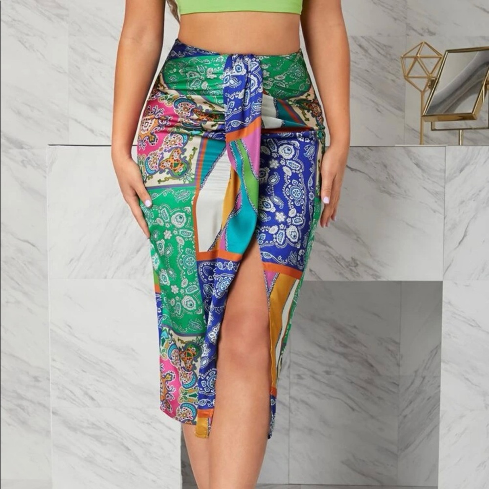 Paisley and patchwork print satin skirt